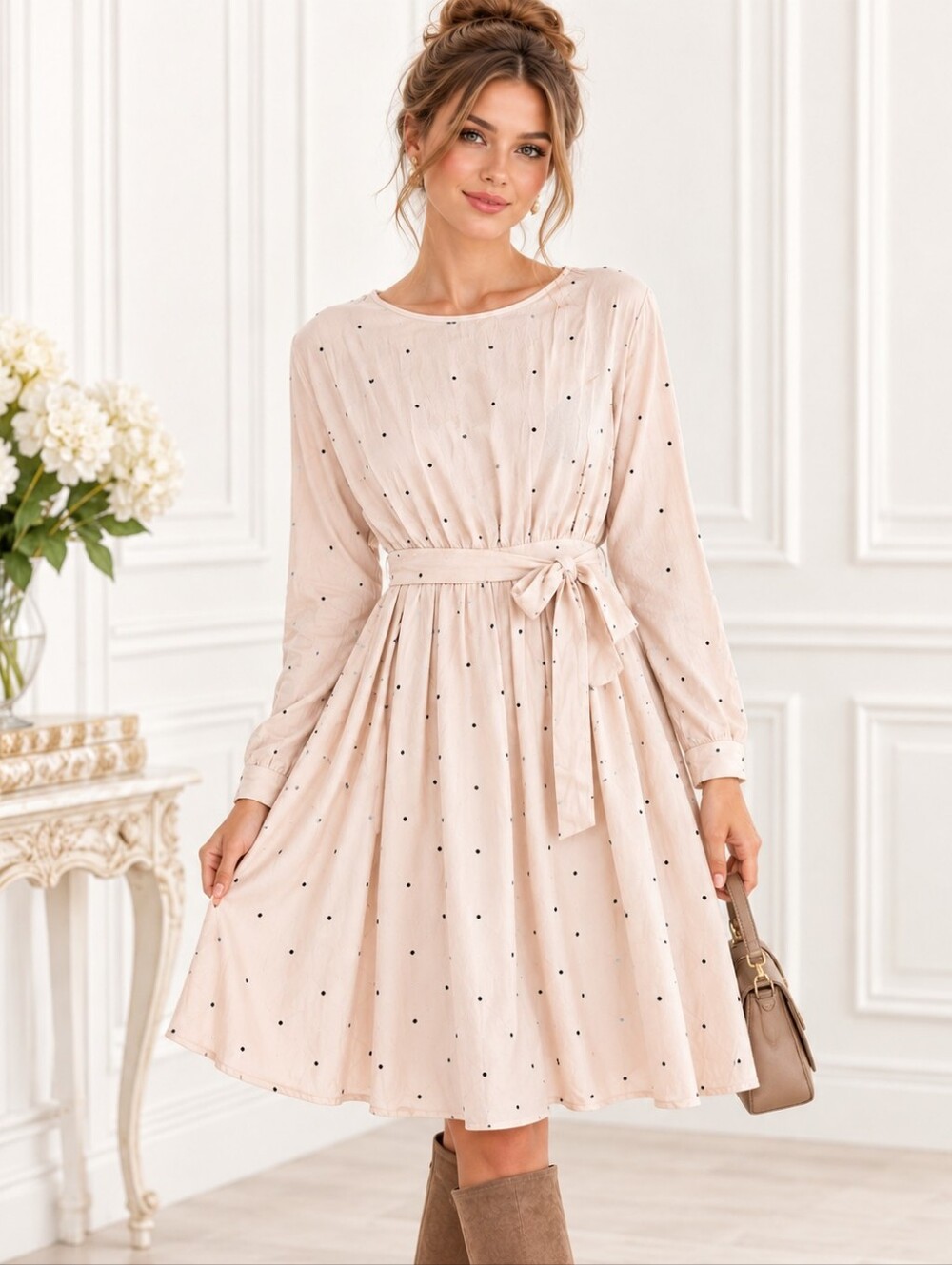 JYBE Cream Black Polka Dot Belted Fit & Flare Dress | Size- See Description